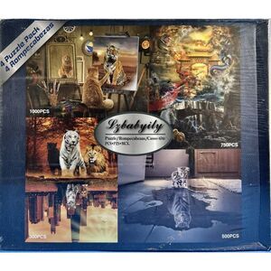 Lzbabyily 4 Puzzle Pack, 1000 Pc, 750 Pc, 500 Pcs + 300 Pc-New Sealed Tiger-Cat